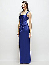 Side View Thumbnail - Cobalt Blue Scoop Neck Draped Column Stretch Satin Maxi Dress
