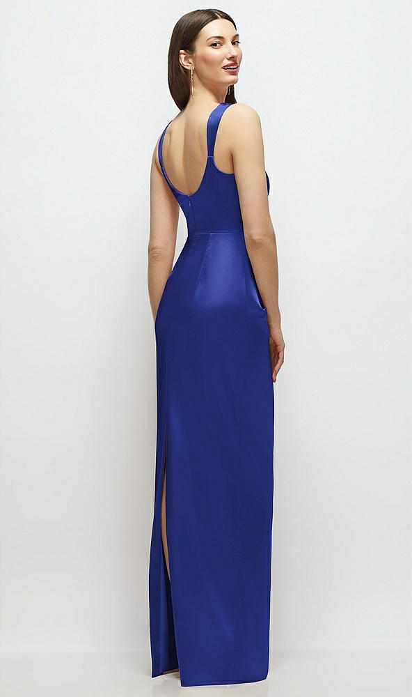Back View - Cobalt Blue Scoop Neck Draped Column Stretch Satin Maxi Dress