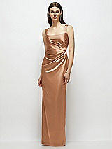 Front View Thumbnail - Toffee Scoop Neck Draped Column Stretch Satin Maxi Dress