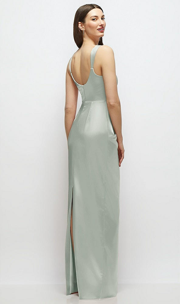 Back View - Willow Green Scoop Neck Draped Column Stretch Satin Maxi Dress
