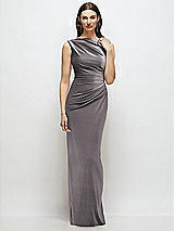 Front View Thumbnail - Caviar Gray High-Neck Cap Shoulder Pleated Bodice Velvet Column Maxi Dress