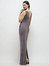 Rear View Thumbnail - Caviar Gray High-Neck Cap Shoulder Pleated Bodice Velvet Column Maxi Dress
