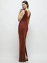Rear View Thumbnail - Auburn Moon High-Neck Cap Shoulder Pleated Bodice Velvet Column Maxi Dress
