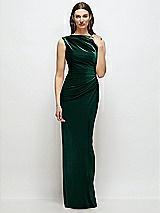 Front View Thumbnail - Evergreen High-Neck Cap Shoulder Pleated Bodice Velvet Column Maxi Dress