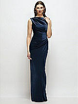 Front View Thumbnail - Midnight Navy High-Neck Cap Shoulder Pleated Bodice Velvet Column Maxi Dress