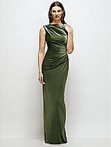 Front View Thumbnail - Olive Green High-Neck Cap Shoulder Pleated Bodice Velvet Column Maxi Dress