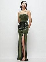 Front View Thumbnail - Olive Green Strapless Corset Bodice Velvet Column Maxi Dress