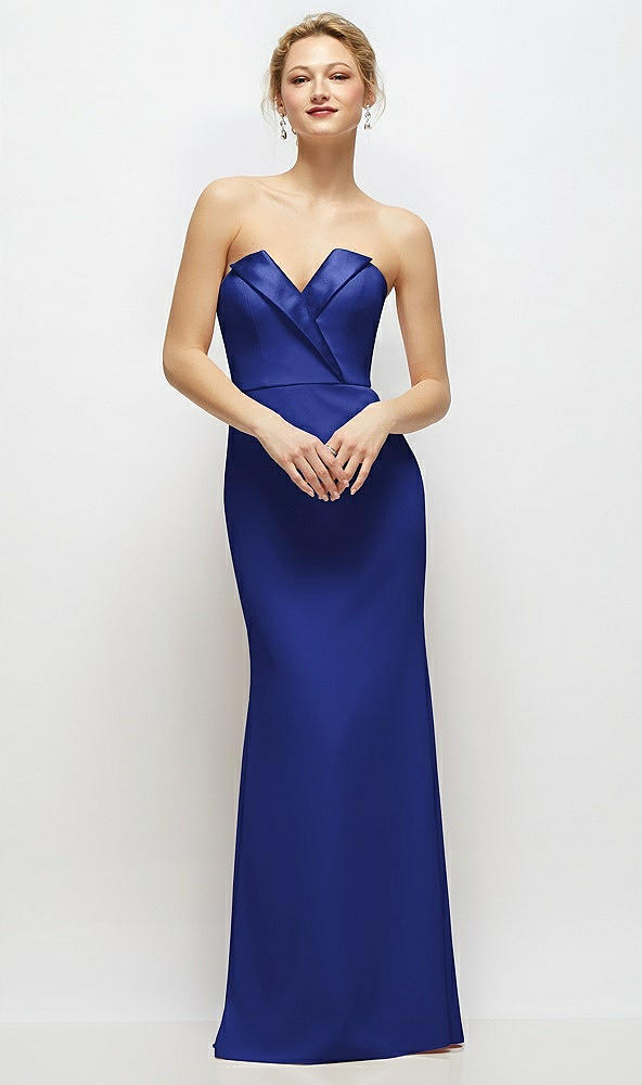 Front View - Cobalt Blue Strapless Crepe Tuxedo Gown with Satin Lapels and Buttons