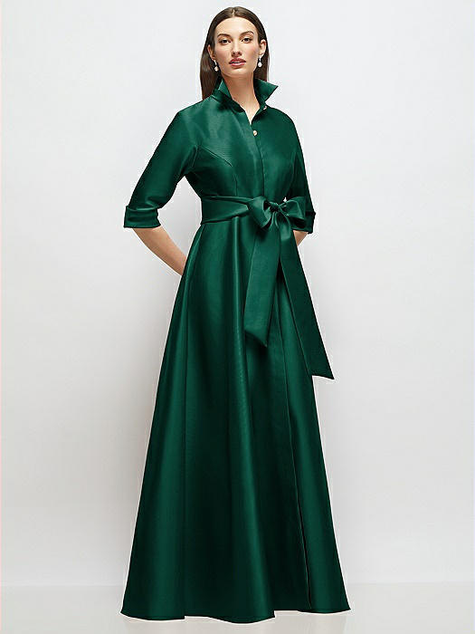 3/4 Sleeve Satin Shirt Dress Gown with Sash and Jeweled Buttons