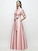 Side View Thumbnail - Ballet Pink 3/4 Sleeve Satin Shirt Dress Gown with Sash and Jeweled Buttons