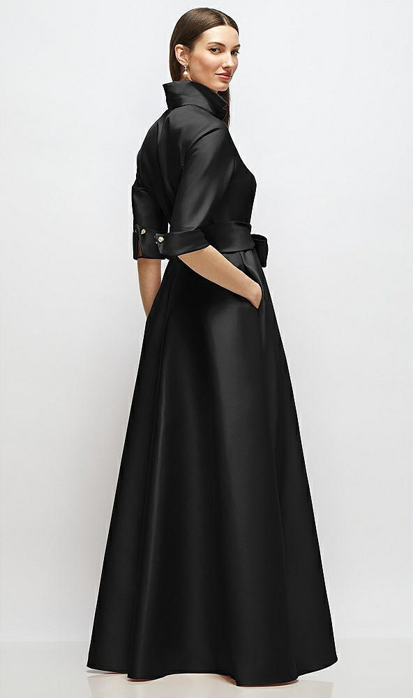 Back View - Black 3/4 Sleeve Satin Shirt Dress Gown with Sash and Jeweled Buttons