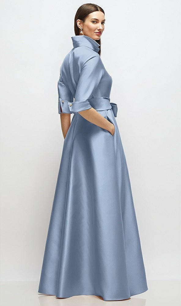 Back View - Cloudy 3/4 Sleeve Satin Shirt Dress Gown with Sash and Jeweled Buttons