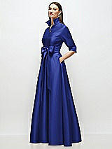 Side View Thumbnail - Cobalt Blue 3/4 Sleeve Satin Shirt Dress Gown with Sash and Jeweled Buttons