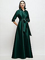 Front View Thumbnail - Evergreen 3/4 Sleeve Satin Shirt Dress Gown with Sash and Jeweled Buttons