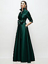 Side View Thumbnail - Evergreen 3/4 Sleeve Satin Shirt Dress Gown with Sash and Jeweled Buttons