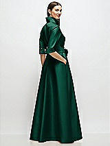 Rear View Thumbnail - Hunter Green 3/4 Sleeve Satin Shirt Dress Gown with Sash and Jeweled Buttons