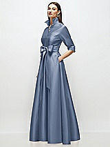 Side View Thumbnail - Larkspur Blue 3/4 Sleeve Satin Shirt Dress Gown with Sash and Jeweled Buttons
