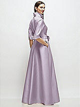 Rear View Thumbnail - Lilac Haze 3/4 Sleeve Satin Shirt Dress Gown with Sash and Jeweled Buttons