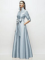 Side View Thumbnail - Mist 3/4 Sleeve Satin Shirt Dress Gown with Sash and Jeweled Buttons