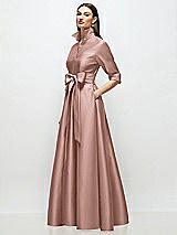 Side View Thumbnail - Neu Nude 3/4 Sleeve Satin Shirt Dress Gown with Sash and Jeweled Buttons