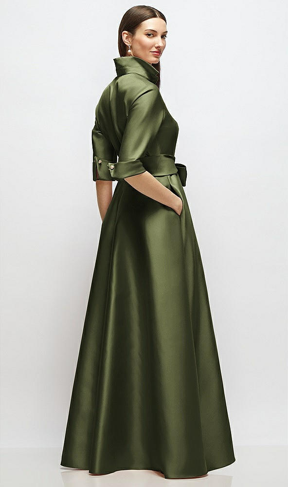 Back View - Olive Green 3/4 Sleeve Satin Shirt Dress Gown with Sash and Jeweled Buttons