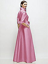 Rear View Thumbnail - Powder Pink 3/4 Sleeve Satin Shirt Dress Gown with Sash and Jeweled Buttons