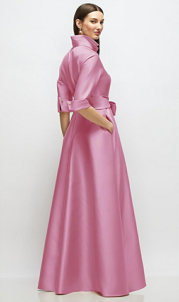 Back View - Powder Pink 3/4 Sleeve Satin Shirt Dress Gown with Sash and Jeweled Buttons