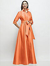 Front View Thumbnail - Portofino Orange 3/4 Sleeve Satin Shirt Dress Gown with Sash and Jeweled Buttons