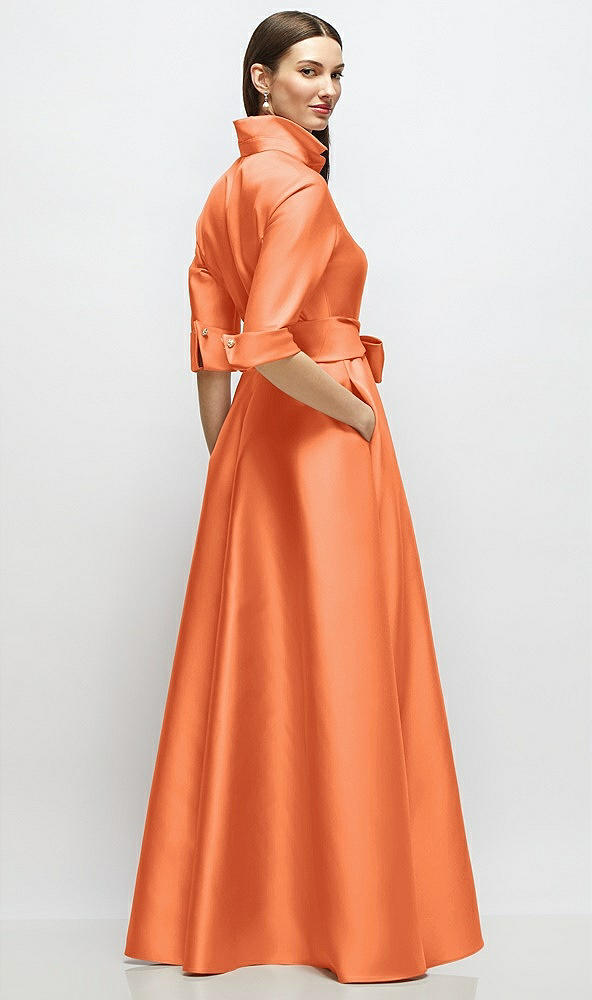 Back View - Portofino Orange 3/4 Sleeve Satin Shirt Dress Gown with Sash and Jeweled Buttons