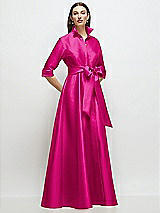 Front View Thumbnail - Think Pink 3/4 Sleeve Satin Shirt Dress Gown with Sash and Jeweled Buttons
