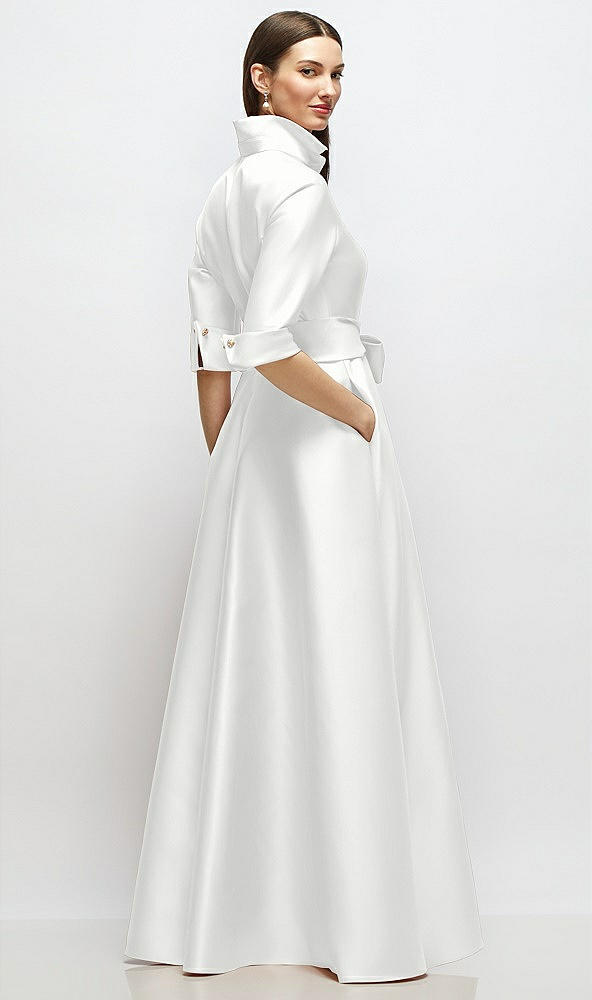 Back View - White 3/4 Sleeve Satin Shirt Dress Gown with Sash and Jeweled Buttons