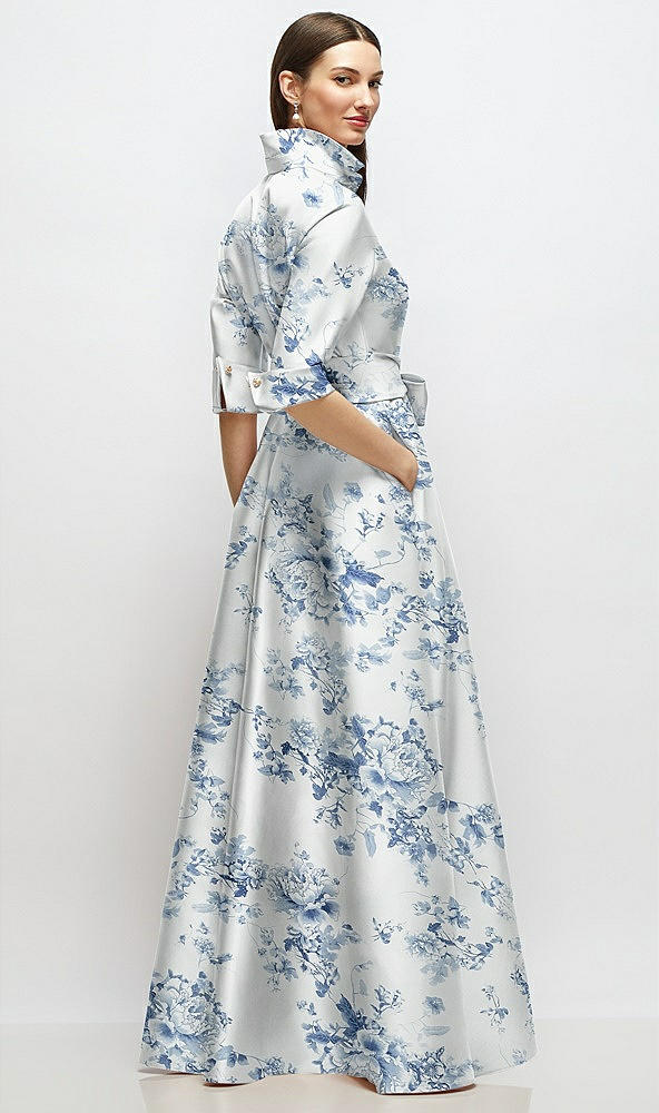 Back View - Cottage Rose Larkspur 3/4 Sleeve Floral Satin Shirt Dress Gown with Sash and Jeweled Buttons