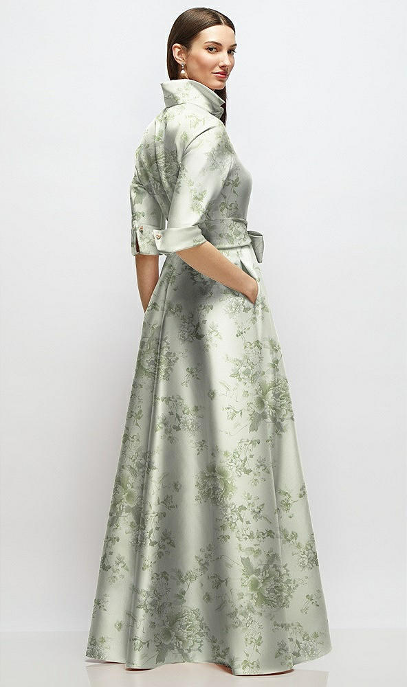 Back View - Sage Cottage Rose 3/4 Sleeve Floral Satin Shirt Dress Gown with Sash and Jeweled Buttons
