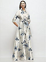 Front View Thumbnail - Inkwash Blue Floral 3/4 Sleeve Floral Satin Shirt Dress Gown with Sash and Jeweled Buttons