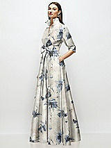 Side View Thumbnail - Inkwash Blue Floral 3/4 Sleeve Floral Satin Shirt Dress Gown with Sash and Jeweled Buttons