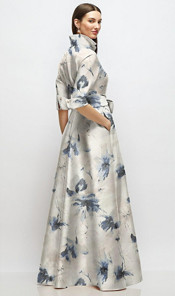 Back View - Inkwash Blue Floral 3/4 Sleeve Floral Satin Shirt Dress Gown with Sash and Jeweled Buttons
