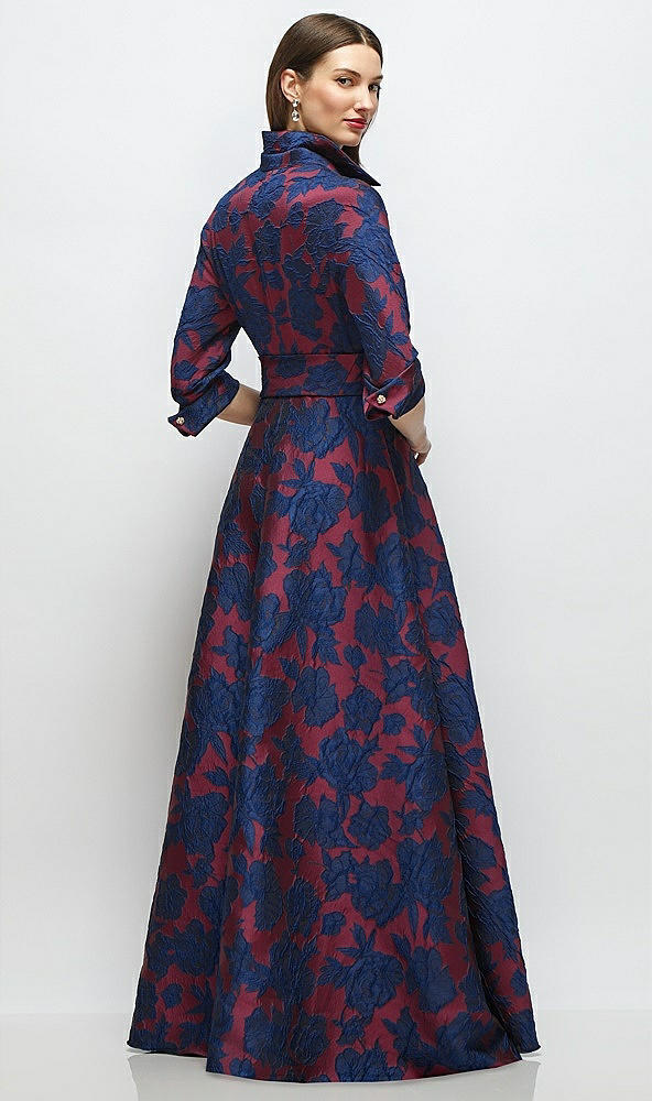 Back View - Burgundy Midnight Floral Heritage Floral Jacquard Shirt Dress Gown with Sash and Jeweled Buttons
