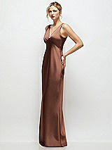 Side View Thumbnail - Cognac Sleeveless V-Neck Stretch Satin Bias Slip Maxi Dress
