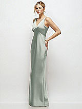 Side View Thumbnail - Willow Green Sleeveless V-Neck Stretch Satin Bias Slip Maxi Dress
