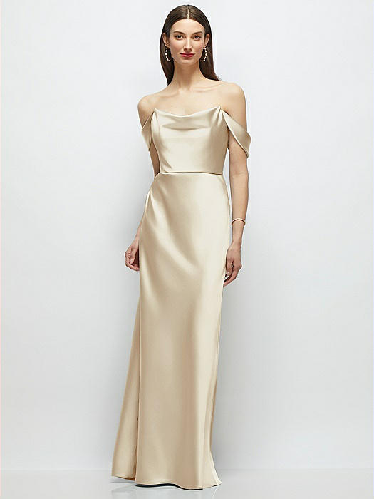 Basque-Neck A-Line Stretch Satin Maxi Dress with Off-the-Shoulder Drape