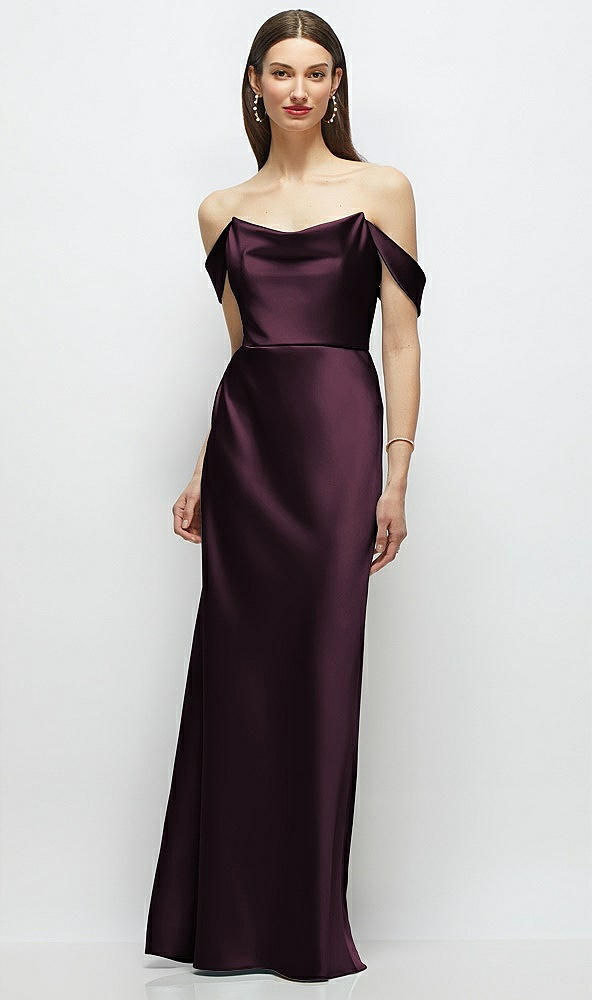 Front View - Deep Plum Basque-Neck A-Line Stretch Satin Maxi Dress with Off-the-Shoulder Drape