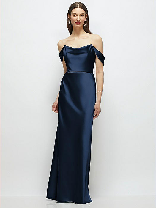 Basque-Neck A-Line Stretch Satin Maxi Dress with Off-the-Shoulder Drape