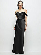 Front View Thumbnail - Black Basque-Neck A-Line Stretch Satin Maxi Dress with Off-the-Shoulder Drape