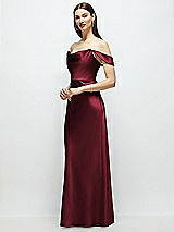 Side View Thumbnail - Cabernet Basque-Neck A-Line Stretch Satin Maxi Dress with Off-the-Shoulder Drape