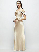 Side View Thumbnail - Champagne Basque-Neck A-Line Stretch Satin Maxi Dress with Off-the-Shoulder Drape