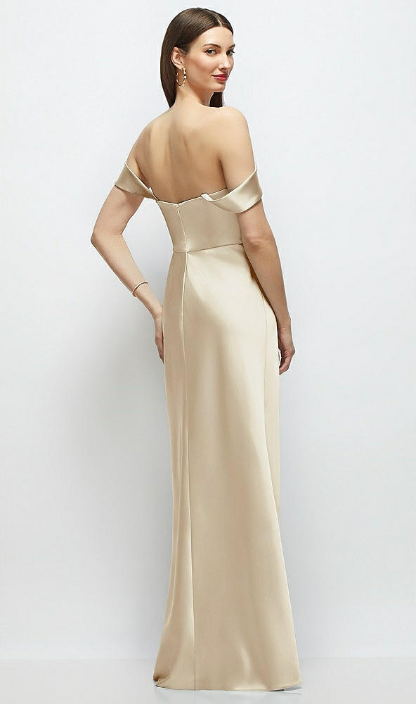 Back View - Champagne Basque-Neck A-Line Stretch Satin Maxi Dress with Off-the-Shoulder Drape