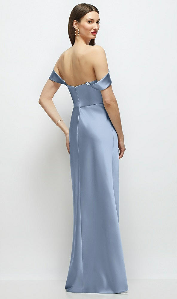 Back View - Cloudy Basque-Neck A-Line Stretch Satin Maxi Dress with Off-the-Shoulder Drape