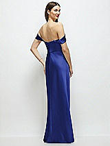 Rear View Thumbnail - Cobalt Blue Basque-Neck A-Line Stretch Satin Maxi Dress with Off-the-Shoulder Drape