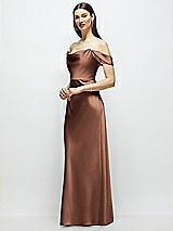 Side View Thumbnail - Cognac Basque-Neck A-Line Stretch Satin Maxi Dress with Off-the-Shoulder Drape