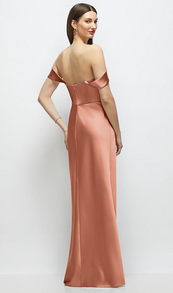 Back View - Copper Penny Basque-Neck A-Line Stretch Satin Maxi Dress with Off-the-Shoulder Drape